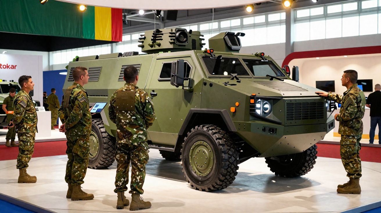 Militares observam veículo militar blindado verde em exposição interna.