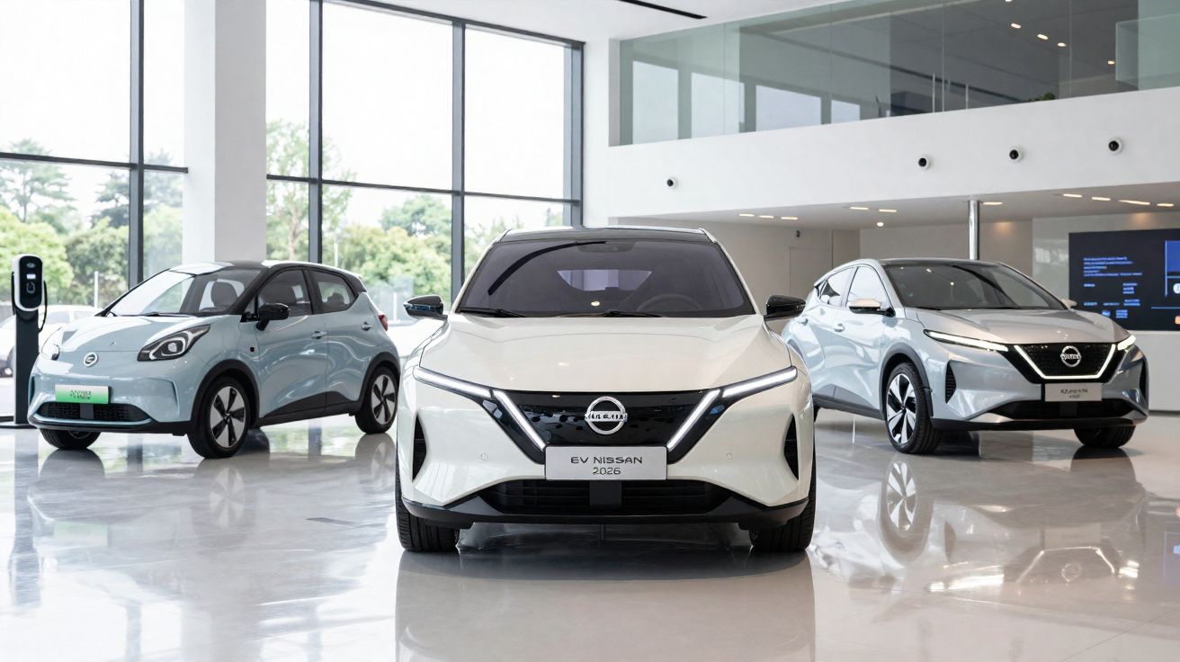 Três carros elétricos Nissan expostos em showroom moderno e iluminado com janelas amplas.