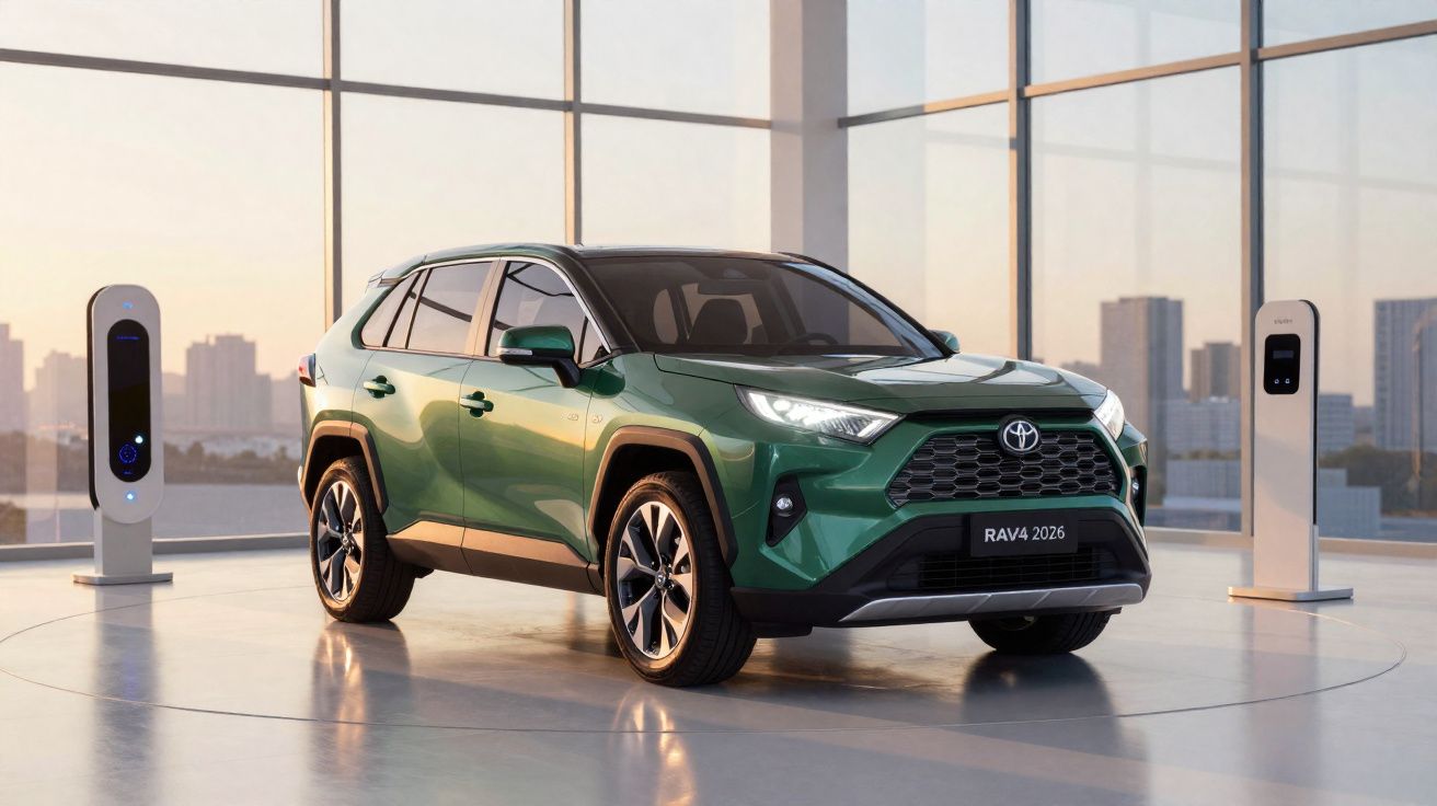 Carro SUV verde Toyota RAV4 2026 em showroom moderno com estações de carregamento elétrico.