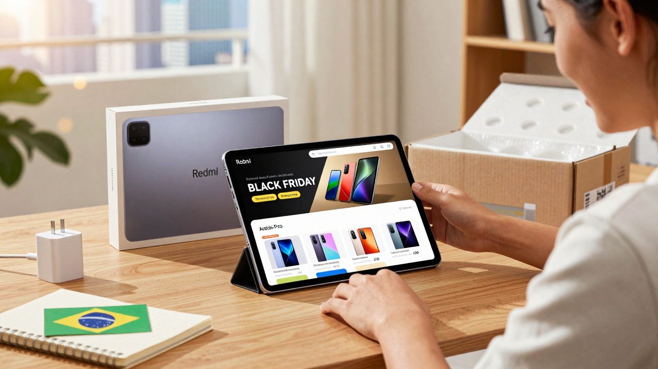 Pessoa segurando tablet com promoção Black Friday de celulares, ao lado de caixa e carregador Redmi sobre mesa.
