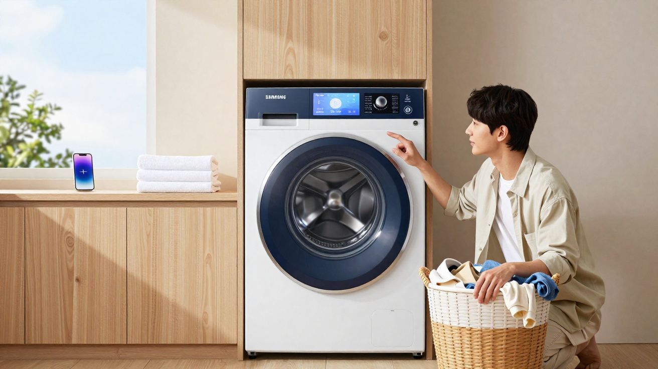 Homem ajustando configurações em máquina de lavar Samsung com cesta de roupas em ambiente claro e organizado.