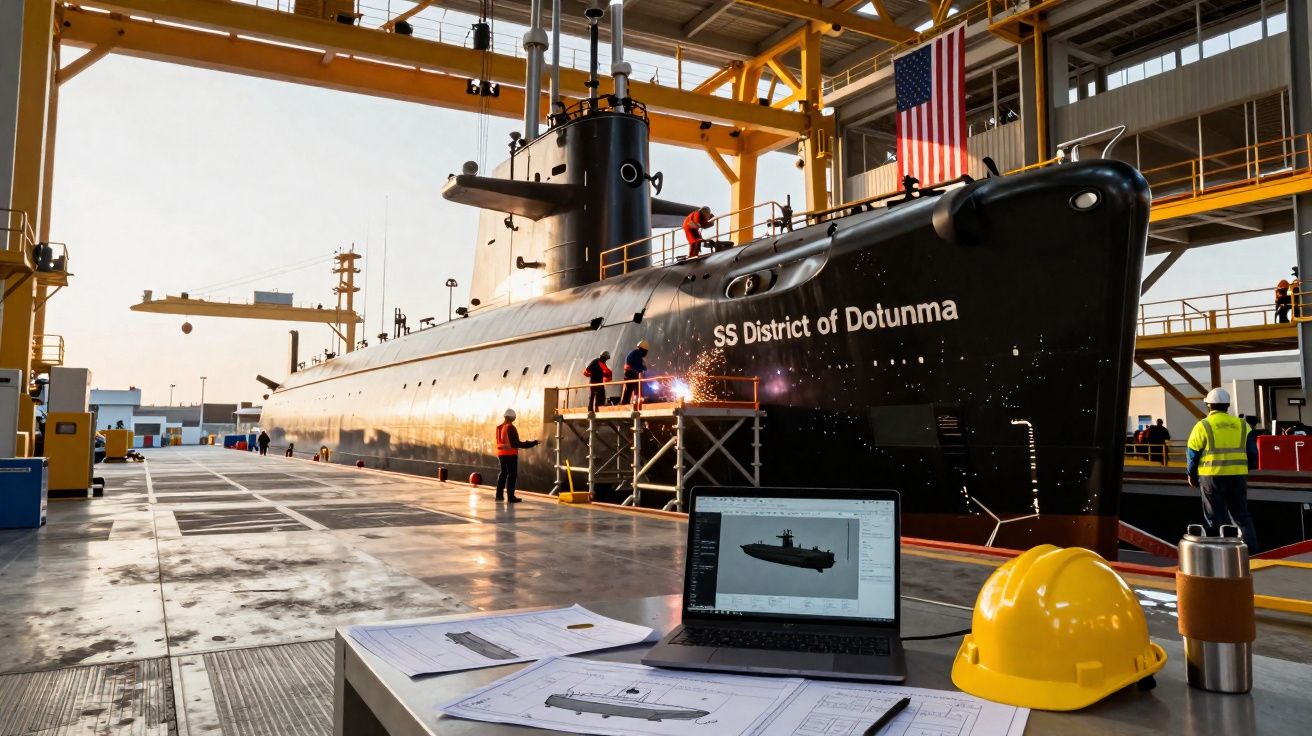 Submarino SS District of Dotunma em reparo com trabalhadores e equipamentos em doca naval iluminada.