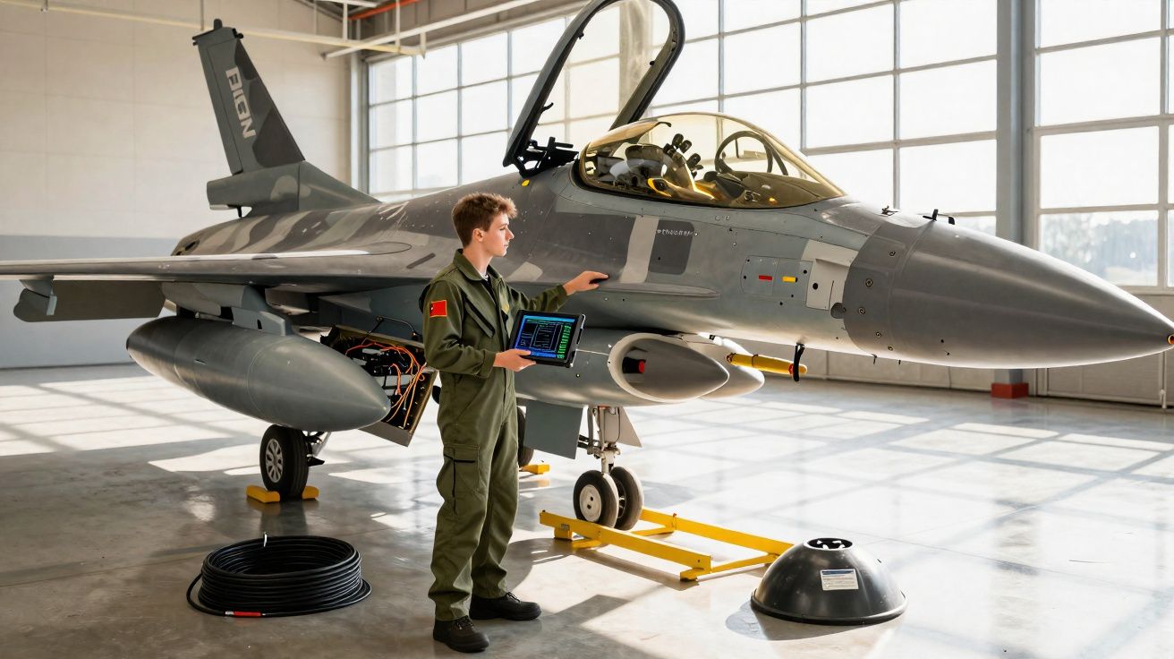 Homem em uniforme verde opera tablet ao lado de caça militar estacionado em hangar iluminado.