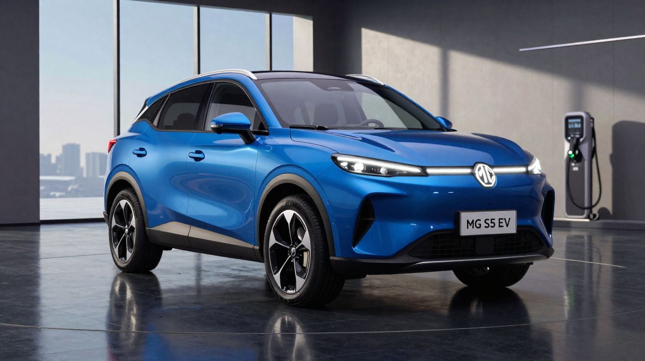 Carro elétrico azul MG S5 EV estacionado em ambiente interno moderno com estação de recarga ao fundo.