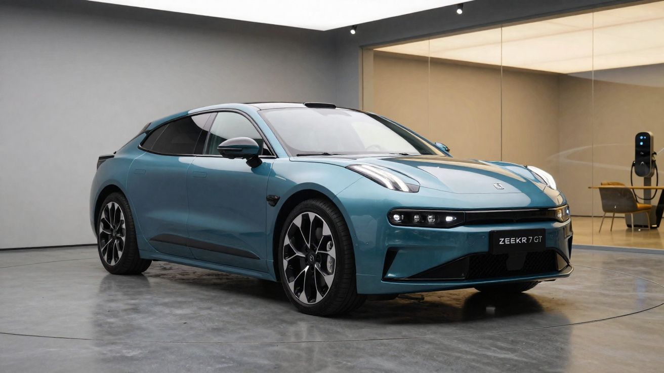 Carro elétrico esportivo azul Zeekr 7 GT em showroom moderno com detalhes em vidro e parede branca.