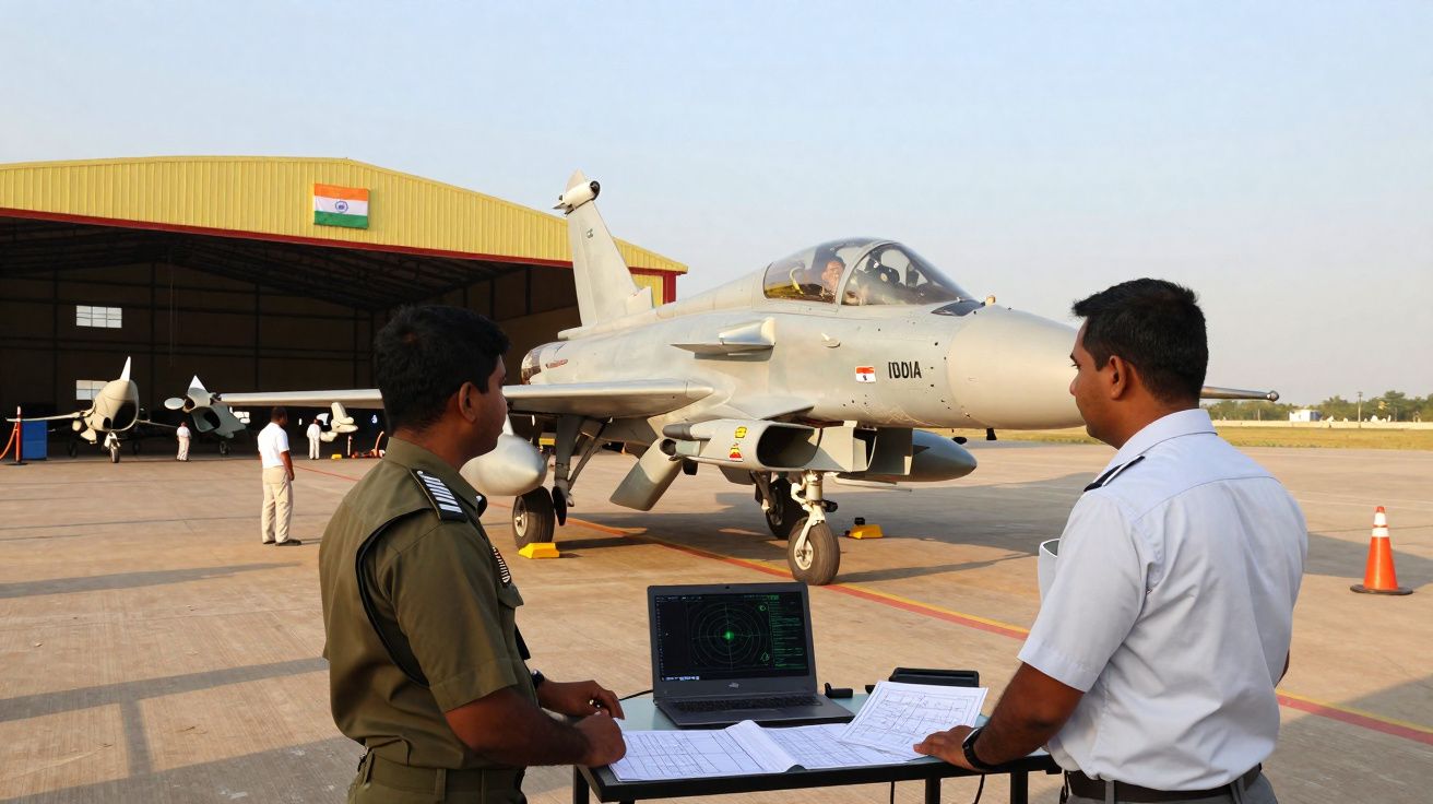 Dois militares indianos observam jato de combate no pátio de hangar durante inspeção.
