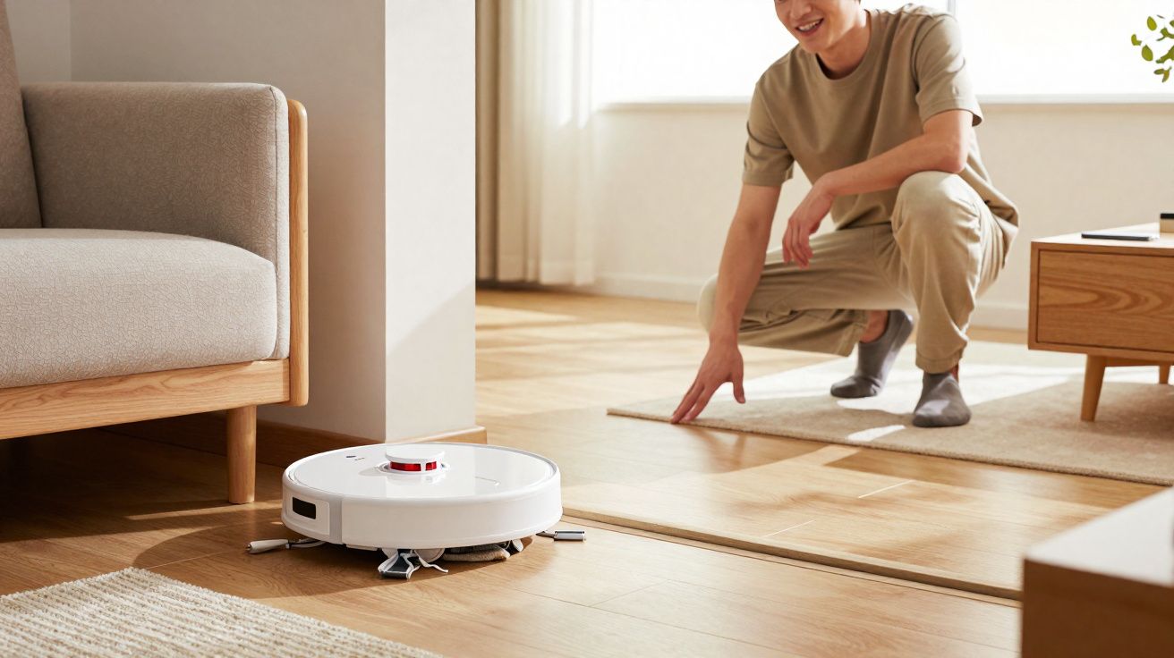 Homem observando aspirador robô limpar chão de piso de madeira em sala iluminada.