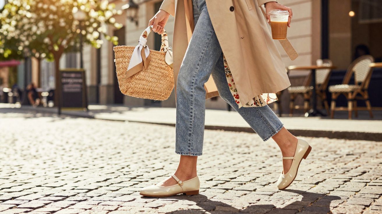 Pessoa caminhando com jeans, trench coat bege, sapatilha clara, bolsa de palha e café na mão numa rua de paralelepípedos.