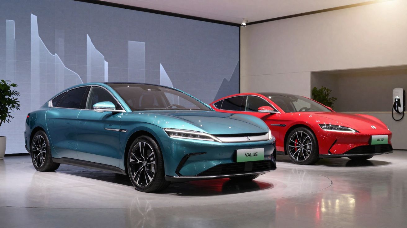 Dois carros elétricos modernos, um azul e outro vermelho, exibidos em ambiente interno com parede cinza ao fundo.