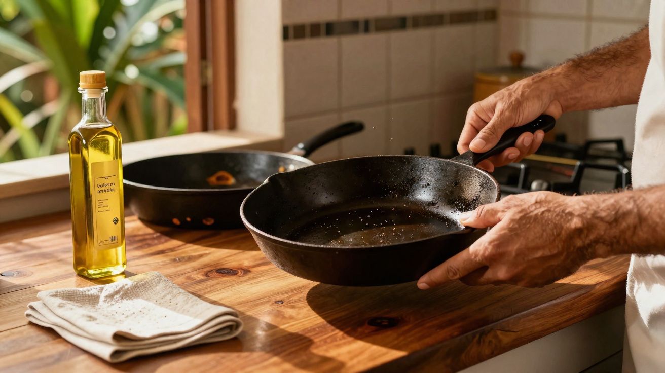 Mãos segurando frigideira untada, garrafa de azeite e pano sobre bancada de madeira na cozinha.