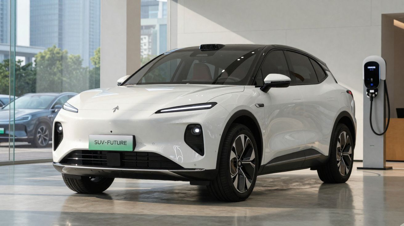 Carro elétrico branco SUV com design moderno estacionado em showroom ao lado de carregador.