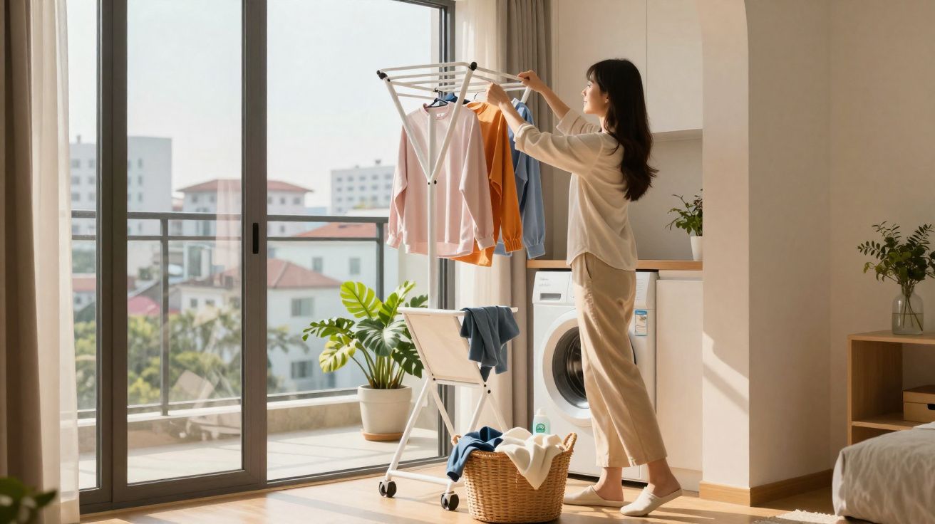 Mulher pendura roupas para secar em varal interno próximo a máquina de lavar em ambiente iluminado.