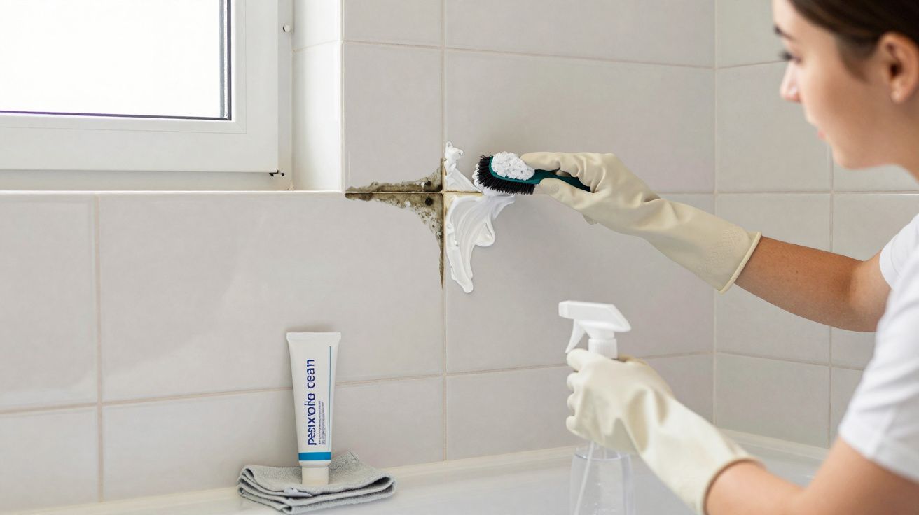 Pessoa limpando mofo e sujeira do rejunte de azulejos usando luvas, escova e produto de limpeza.