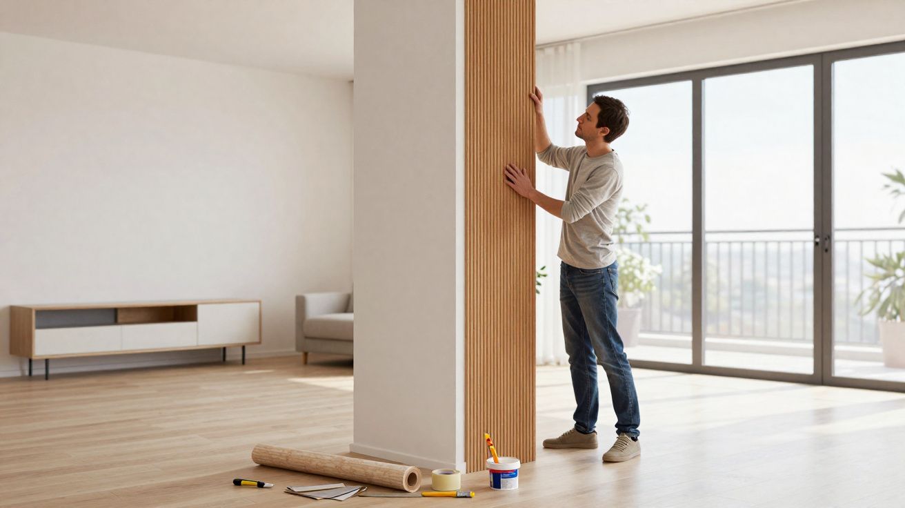 Homem instalando painel de madeira decorativo em sala moderna e ensolarada com sofá e rack.