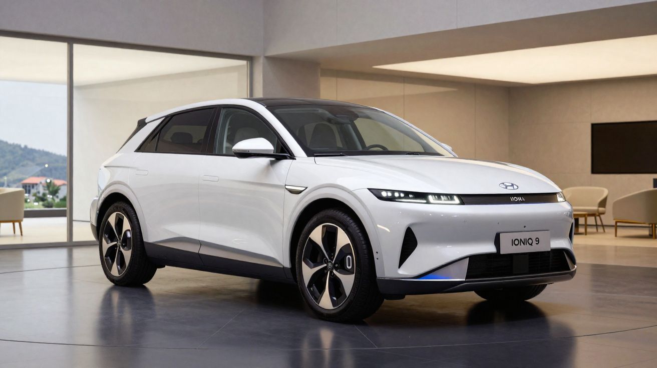 Carro elétrico branco Hyundai Ioniq 9 exibido em ambiente interno moderno.