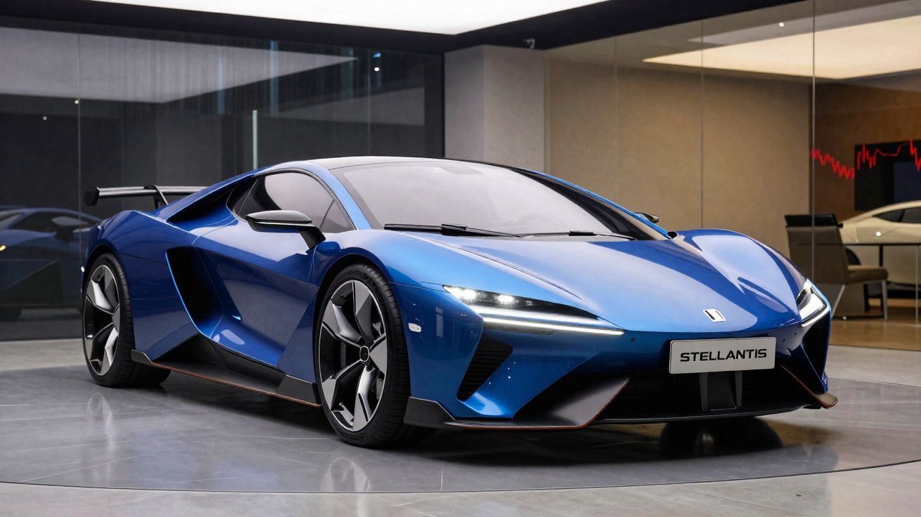Carro esportivo azul elétrico da Stellantis com design aerodinâmico exibido em showroom moderno.