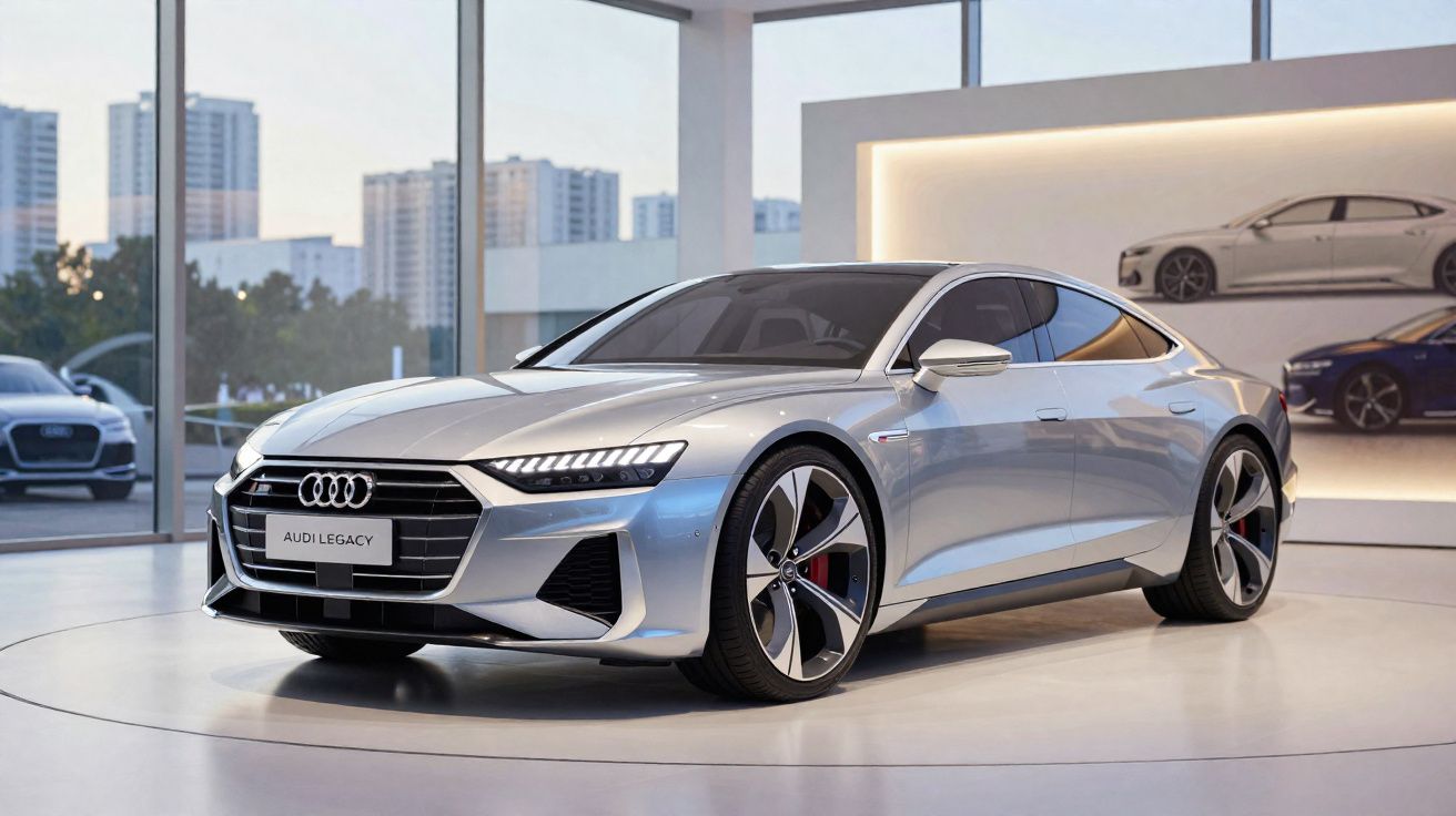 Carro Audi Legacy prata em exposição em showroom moderno com amplas janelas e vista urbana.
