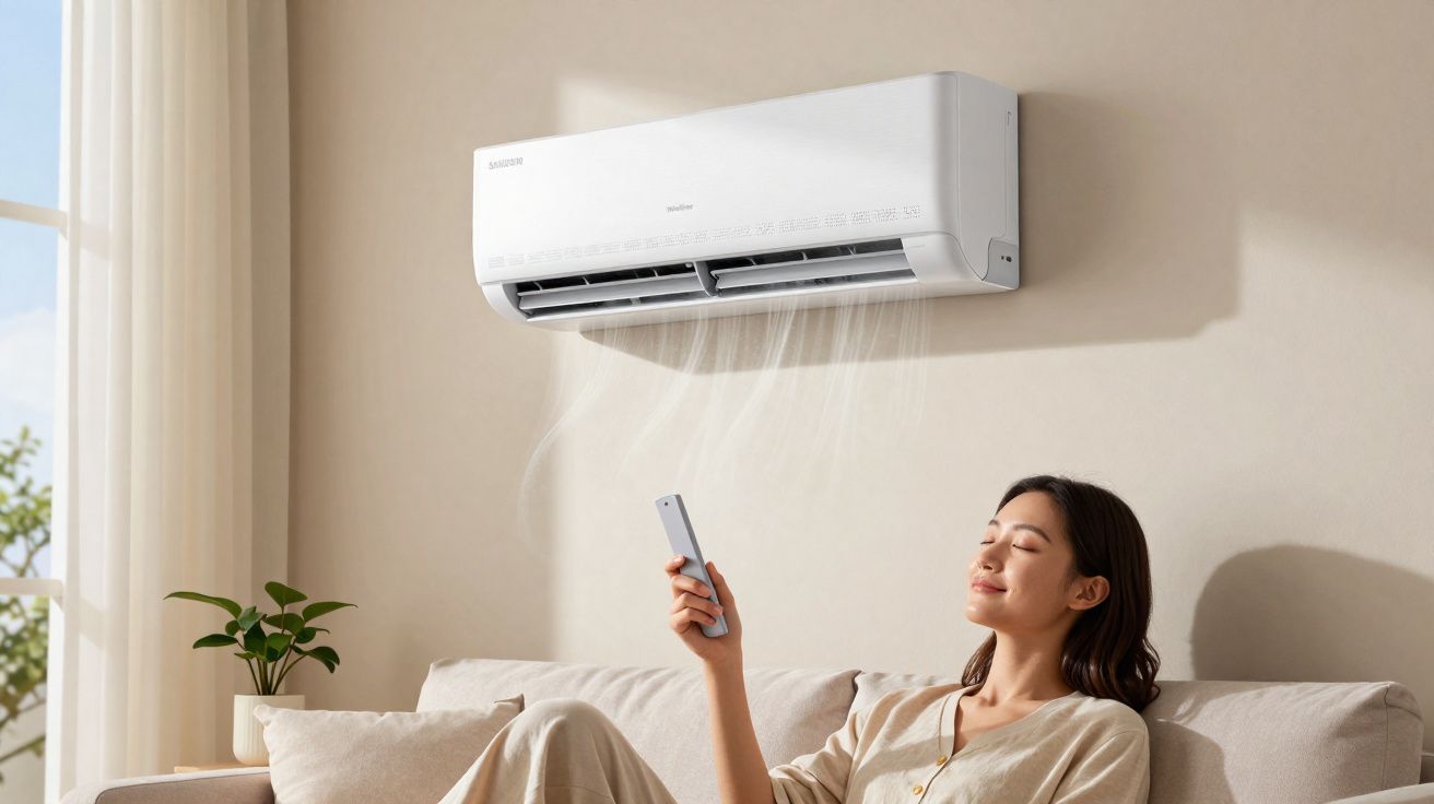 Mulher relaxando no sofá com ar-condicionado Samsung ligado e controle remoto na mão.