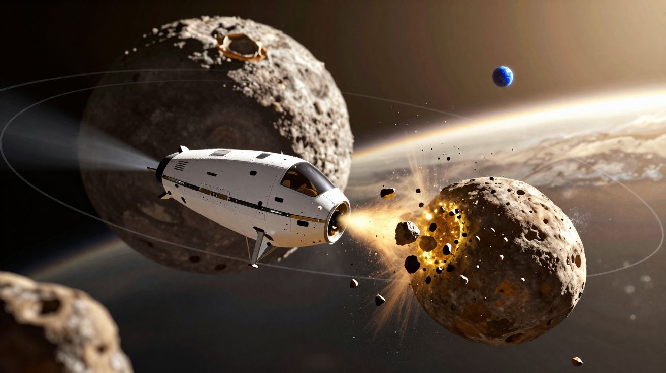 Nave espacial colidindo com um asteroide no espaço entre crateras e planetas ao fundo.