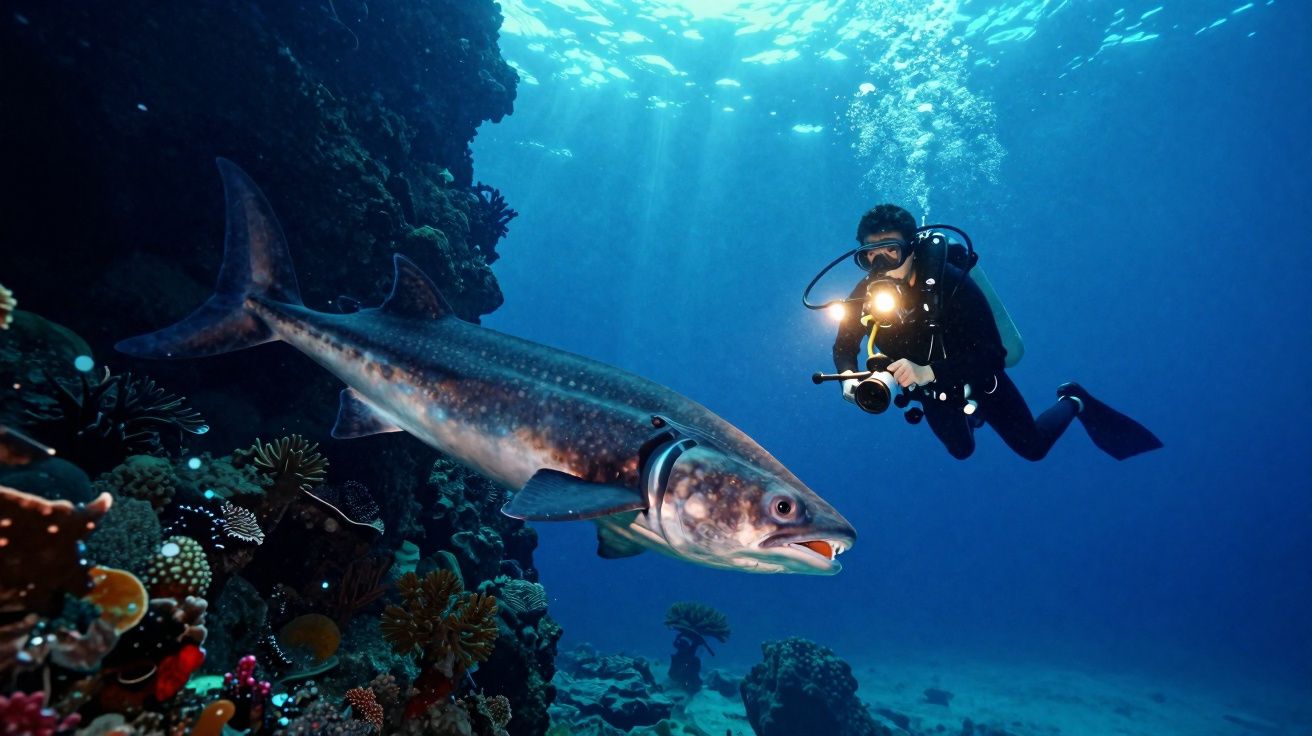 Mergulhador com câmera fotografando um peixe grande próximo a recife de corais submerso.