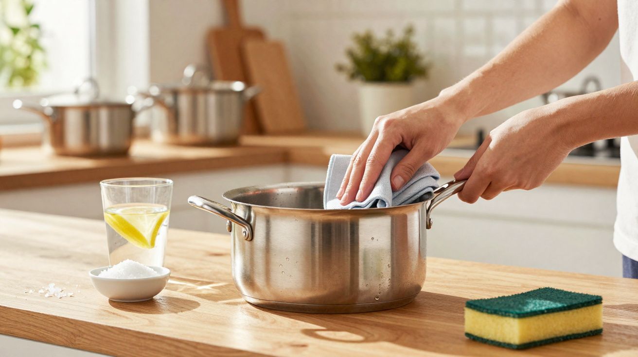 Mãos limpando uma panela de inox com pano em bancada de madeira na cozinha iluminada.