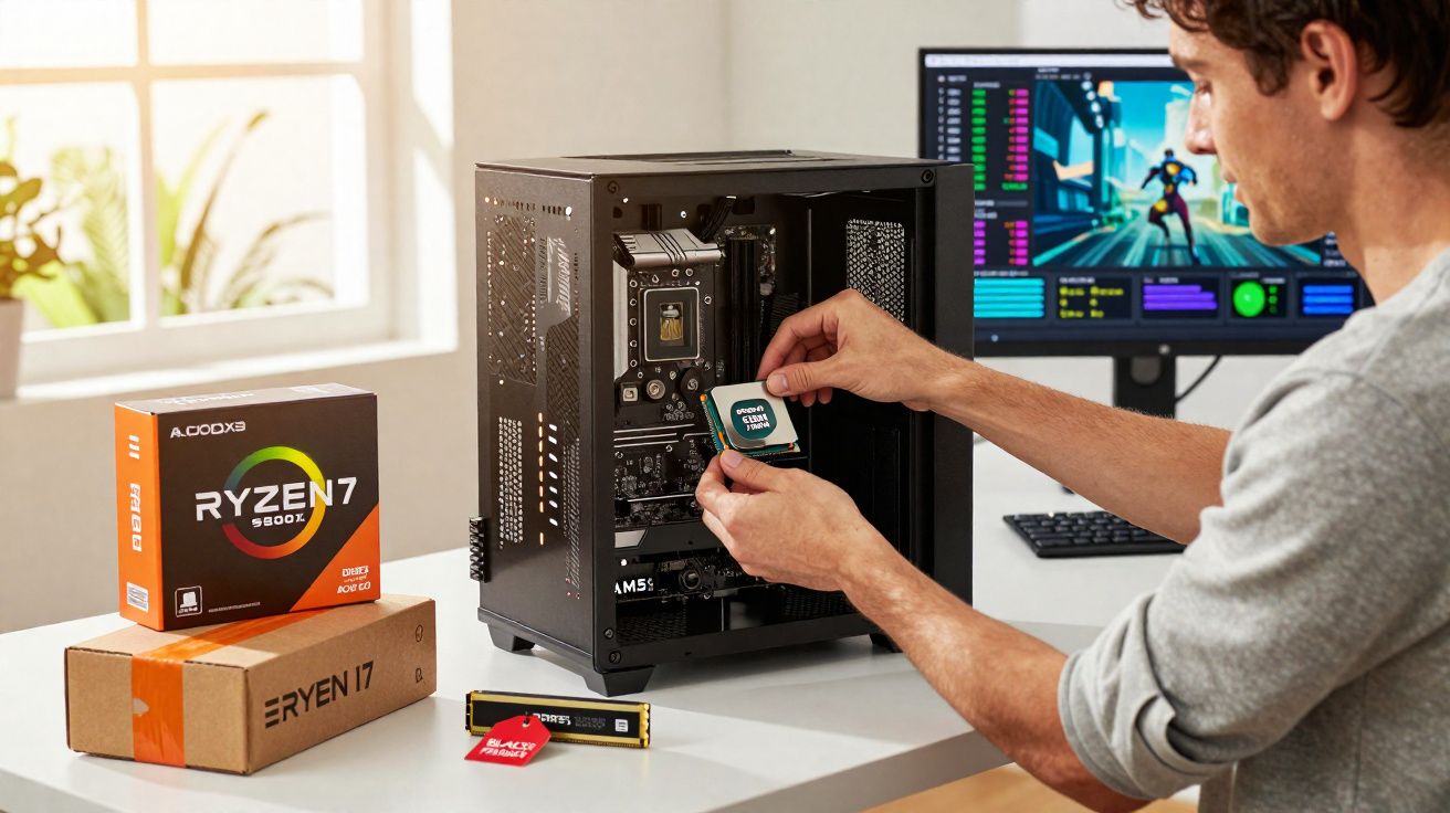 Pessoa instalando processador AMD Ryzen 7 em gabinete de computador no escritório com monitor ao fundo.