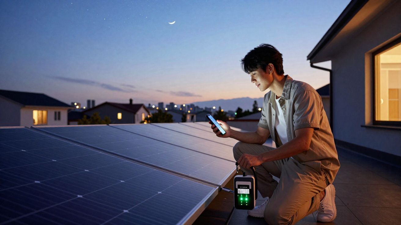 Homem verifica painel solar com dispositivo eletrônico ao pôr do sol em área residencial.