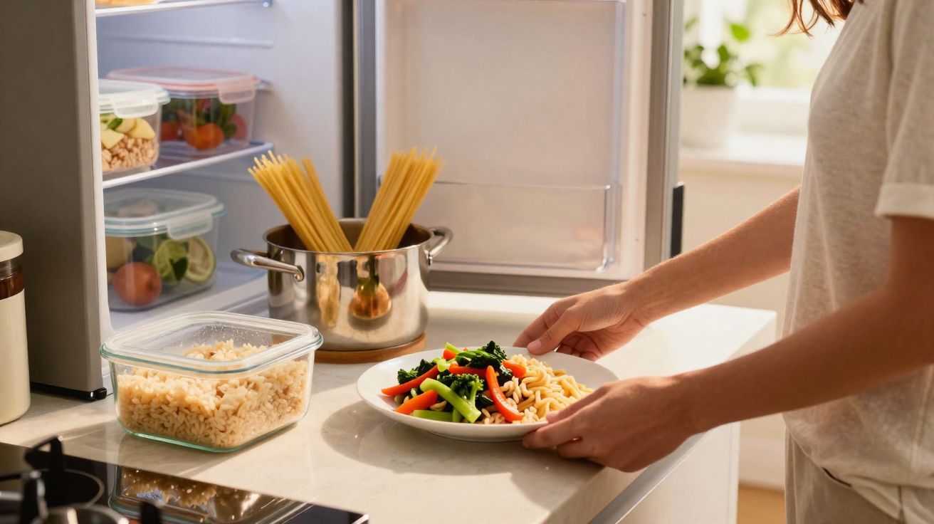 Pessoa segurando prato com macarrão e legumes ao lado de panela com macarrão cru em cozinha.