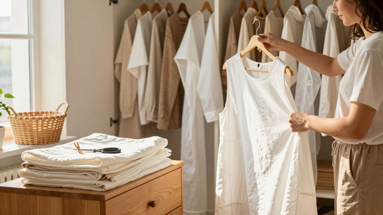 Mulher segurando vestido branco à frente de cabide com roupas claras em ambiente iluminado e organizado.