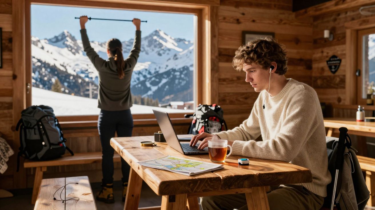 Jovem usando laptop e pessoa se exercitando de frente para janela com vista para montanhas nevadas.