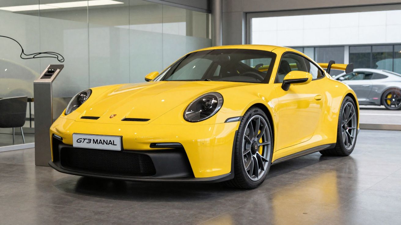 Carro esportivo Porsche amarelo modelo GT3 Manal exibido em showroom moderno.