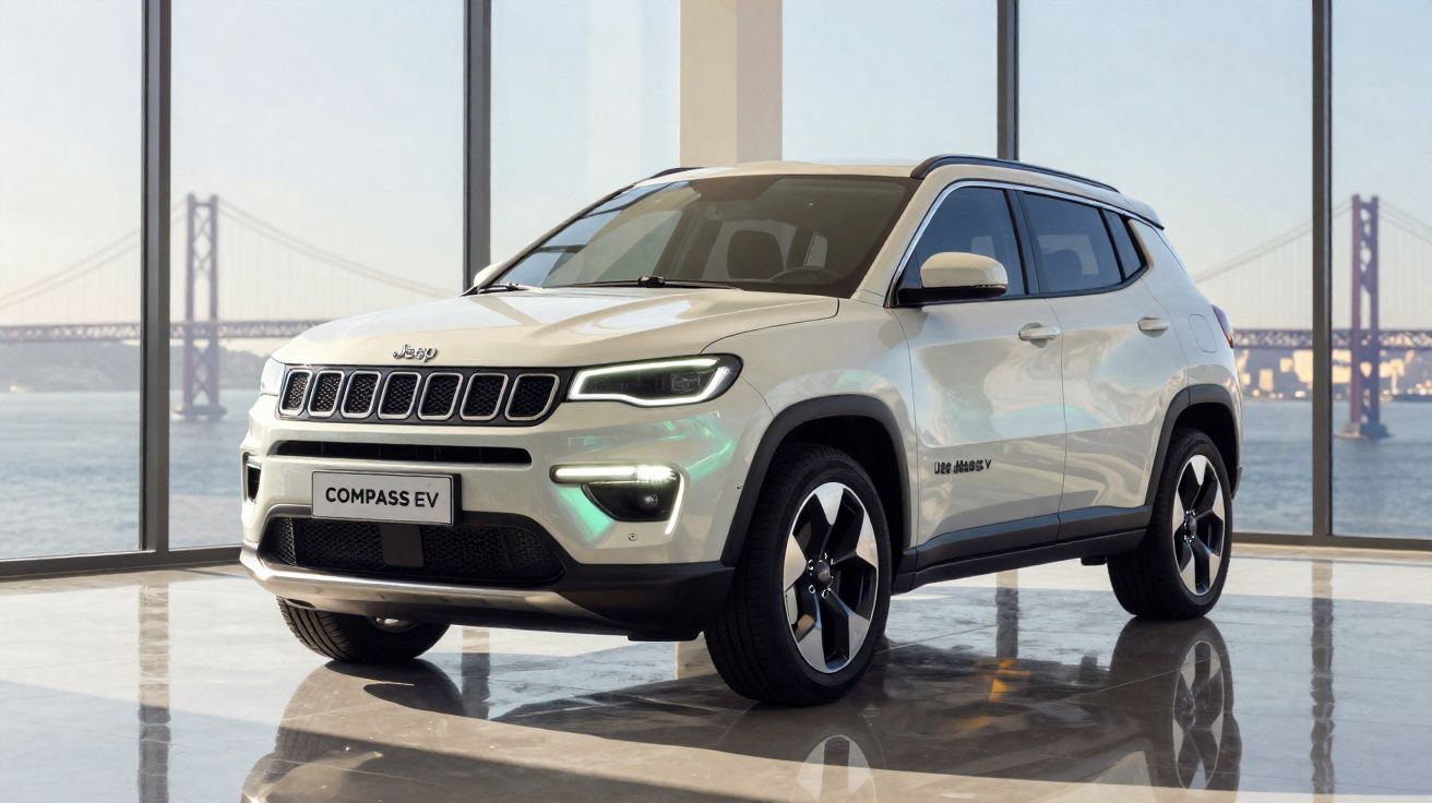 SUV Jeep Compass EV branco em showroom com janelas grandes e vista de ponte ao fundo.