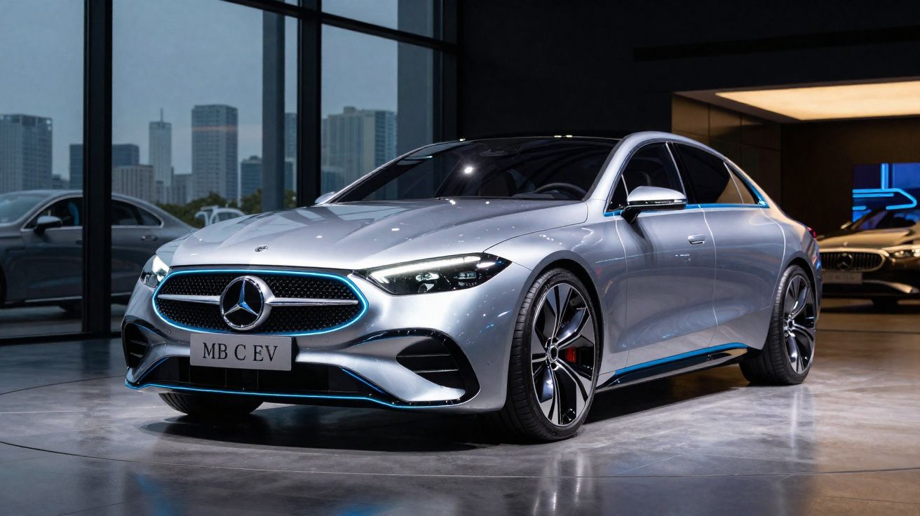 Carro elétrico Mercedes-Benz prata em exposição dentro de showroom moderno e urbano.