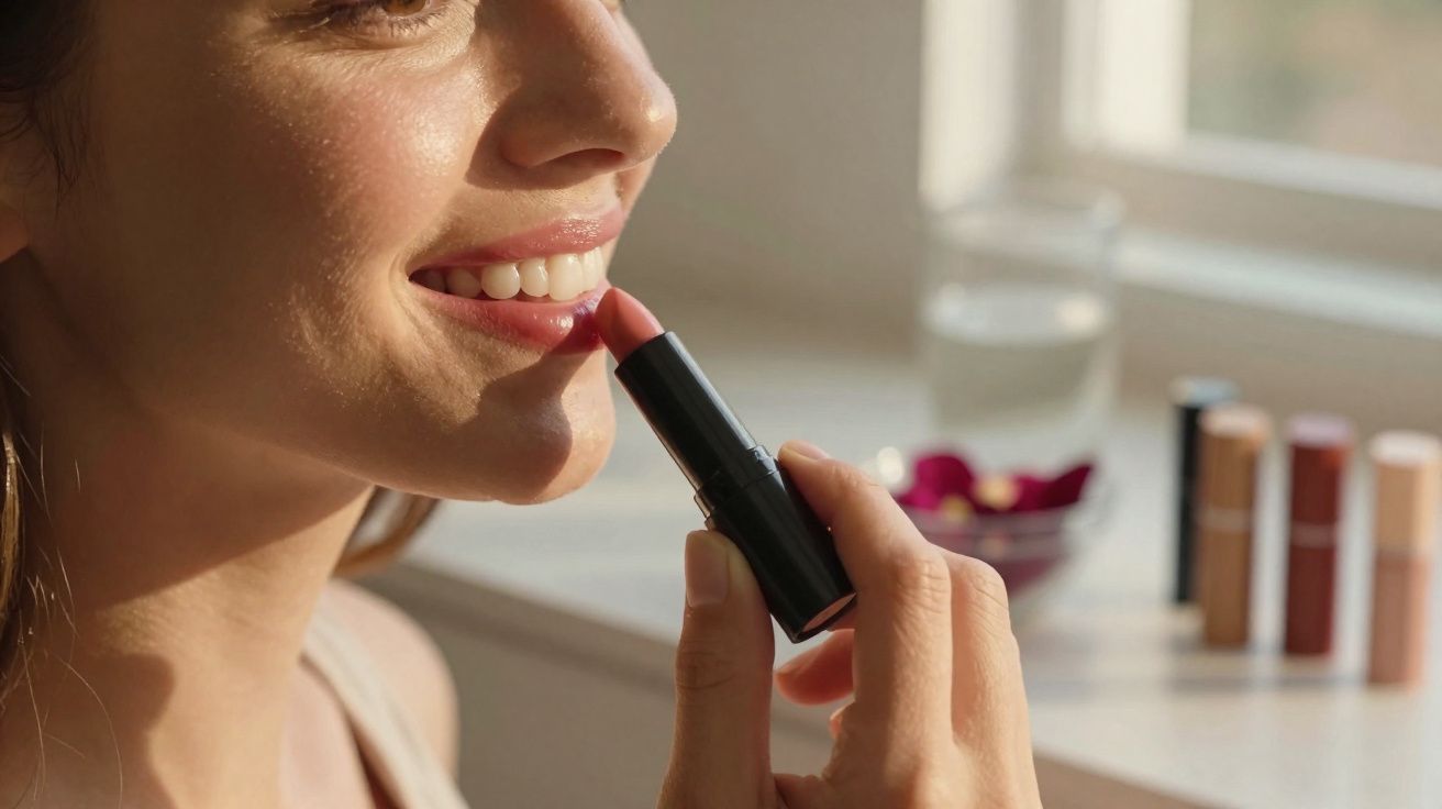 Mulher sorrindo enquanto aplica batom rosa claro nos lábios perto da janela com luz natural.