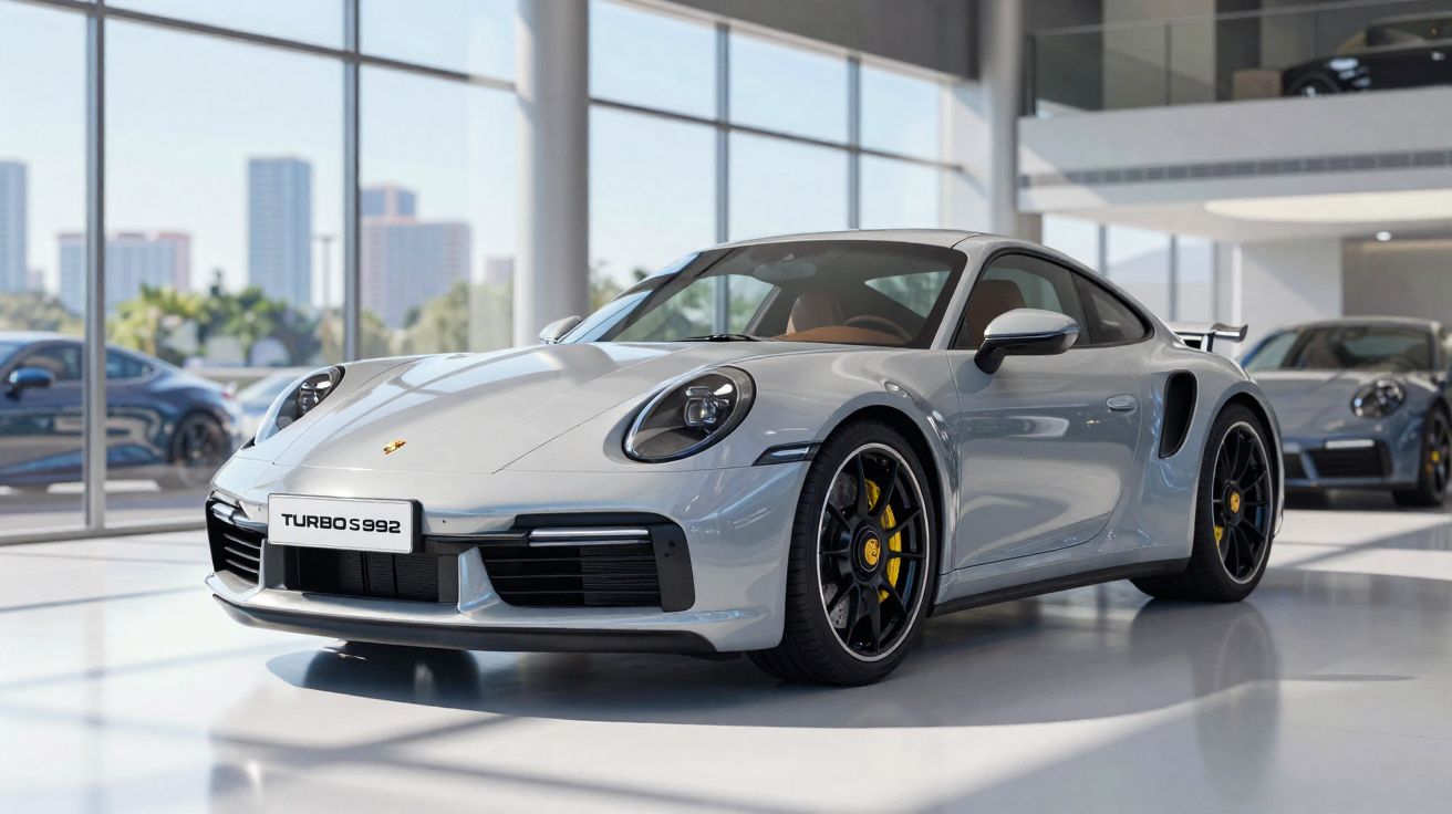 Carro esportivo Porsche Turbo S 992 branco em showroom com janela grande e outros carros ao fundo.