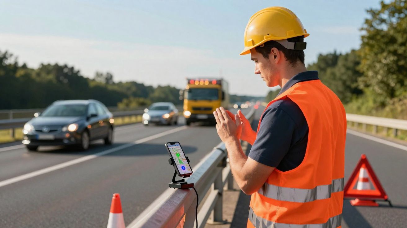 Homem de capacete e colete laranja usa celular no acostamento de rodovia com cones e carros passando.