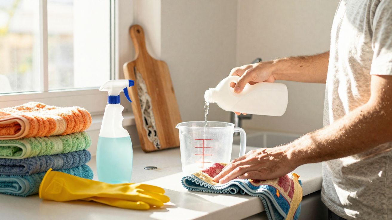 Pessoa derramando líquido em um copo medidor sobre bancada de cozinha com panos e luvas amarelas.