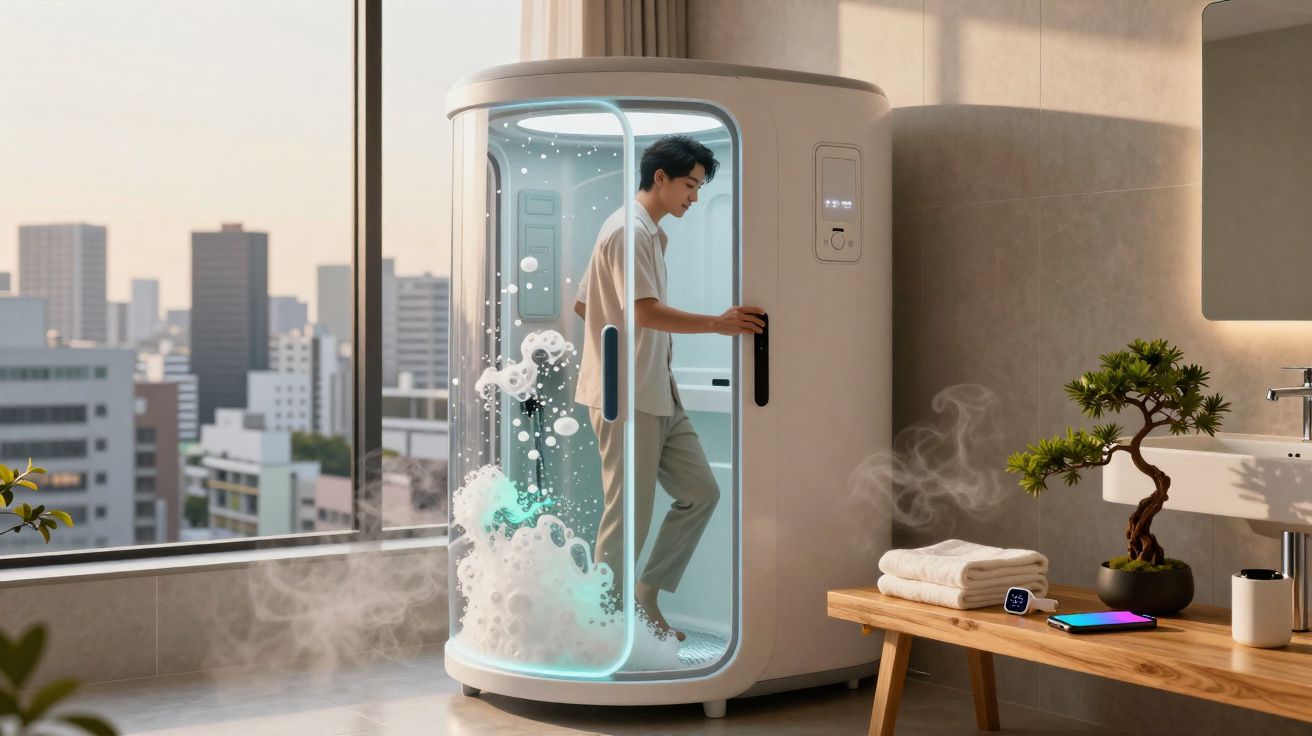 Homem entrando em cabine de banho futurista com bolhas, em banheiro moderno com vista urbana.