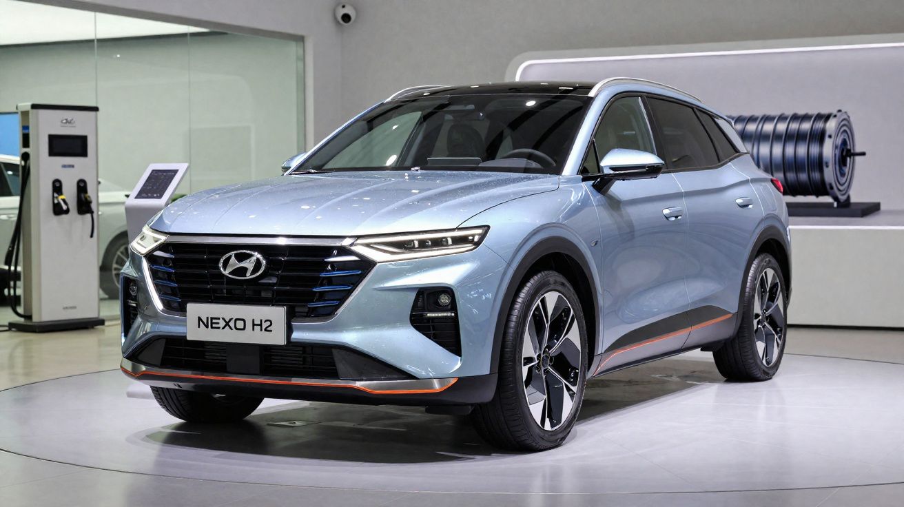 SUV Hyundai Nexo H2 azul claro exibido em exposição interna com carregador elétrico ao fundo.