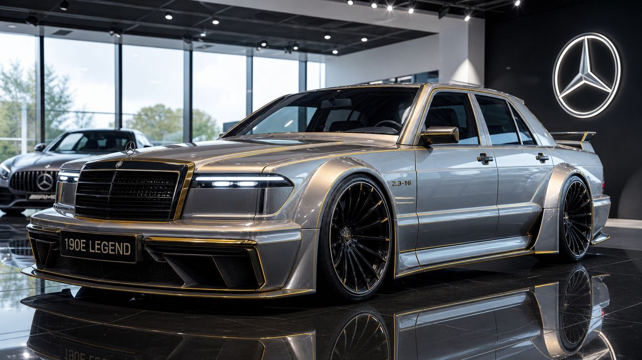 Carro Mercedes-Benz 190E Legend prata expos no showroom com rodas grandes e detalhes dourados.