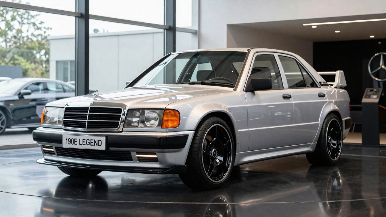 Carro Mercedes-Benz 190E Legend branco exibido em salão moderno com piso refletivo.