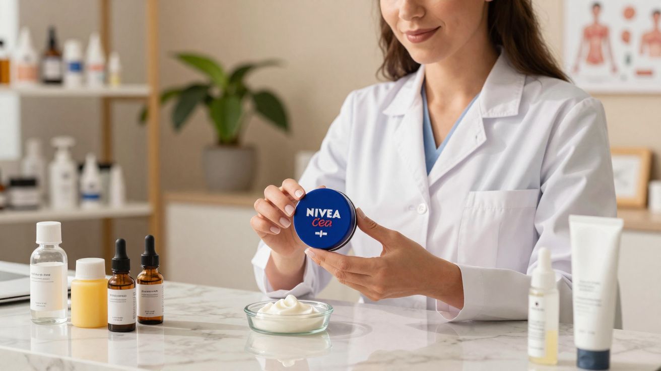 Mulher de jaleco branco segurando creme Nivea, com vários frascos de produtos cosméticos sobre a mesa.
