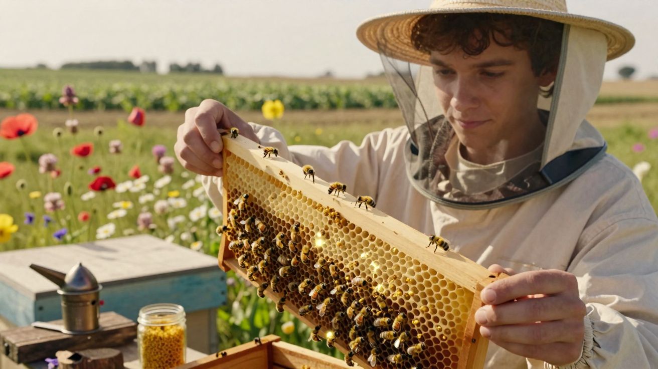 Apicultor com roupa protetora segura quadro de favo com abelhas em campo florido ensolarado.
