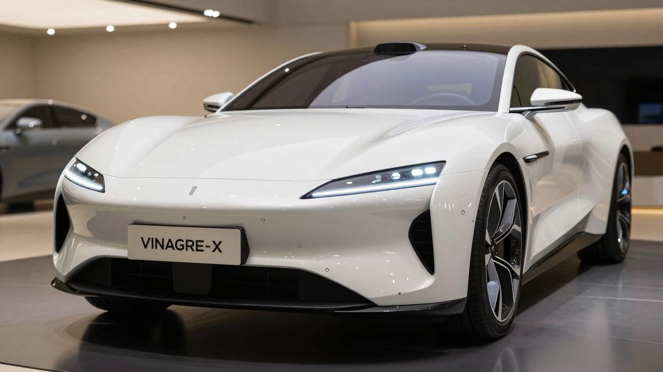 Carro elétrico branco Vinagre-X em exibição, com design aerodinâmico e faróis LED acesos.