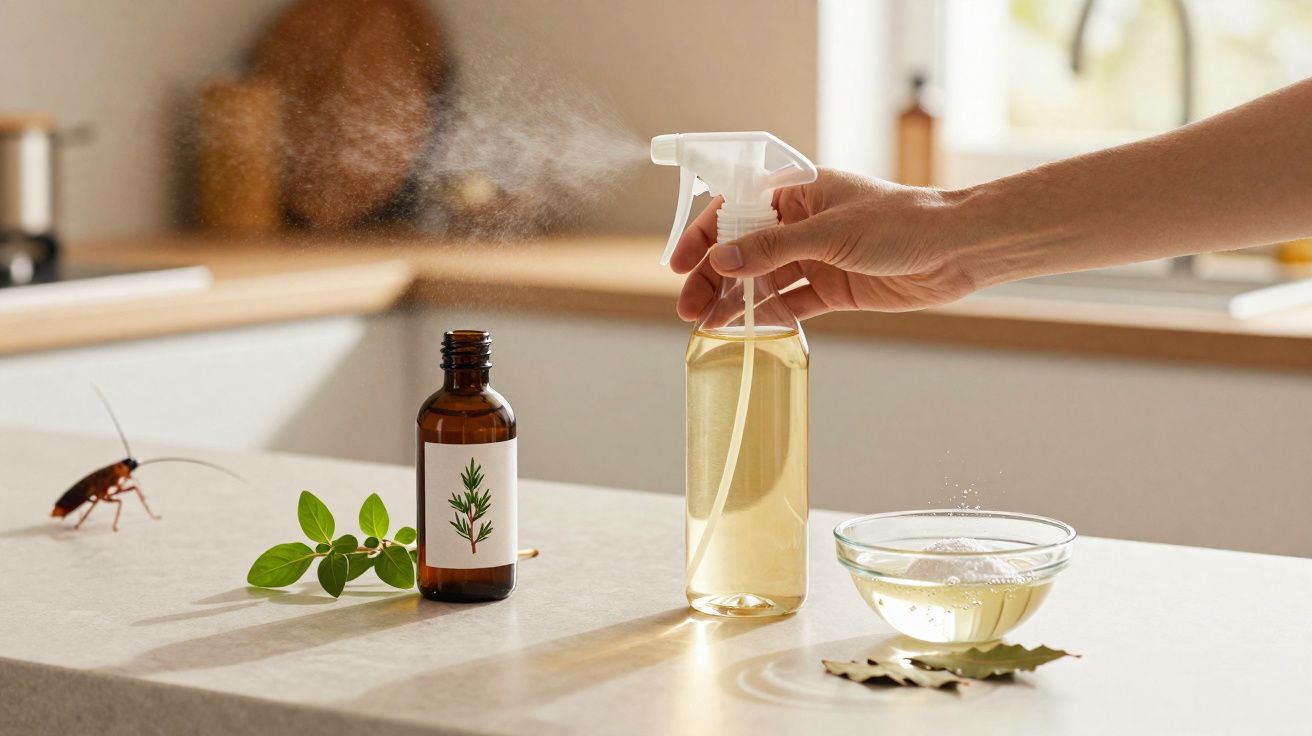 Mão borrifando repelente caseiro em spray na cozinha para afastar barata de superfície clara.