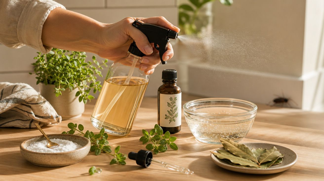 Mão borrifando líquido em frasco com ervas, ao lado de plantas, folhas, tigelas e sal em cima de mesa de madeira.