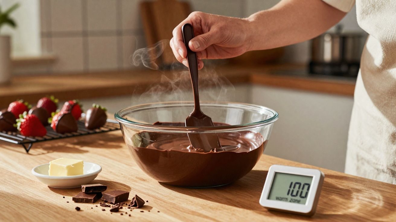 Pessoa mexendo chocolate derretido em tigela de vidro com morangos cobertos de chocolate e termômetro digital na bancada.