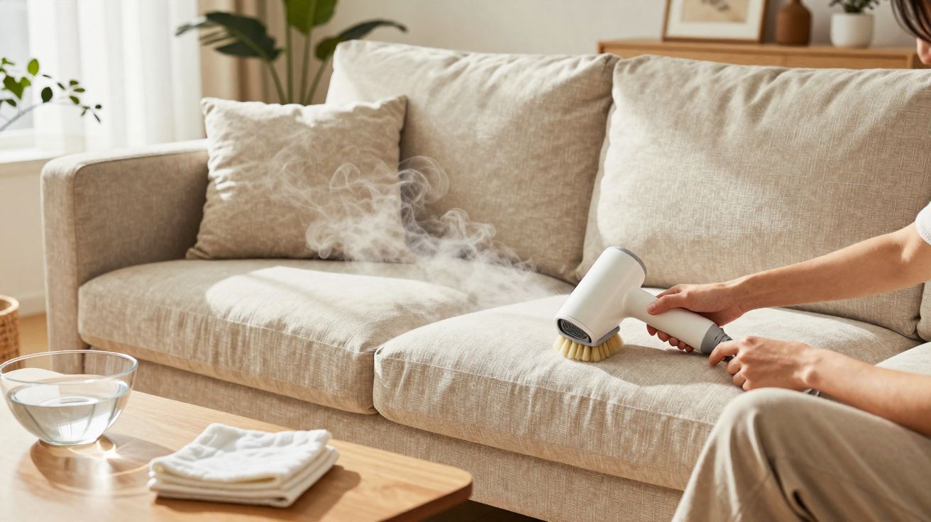 Pessoa limpando sofá bege com escova elétrica a vapor em sala iluminada e organizada.
