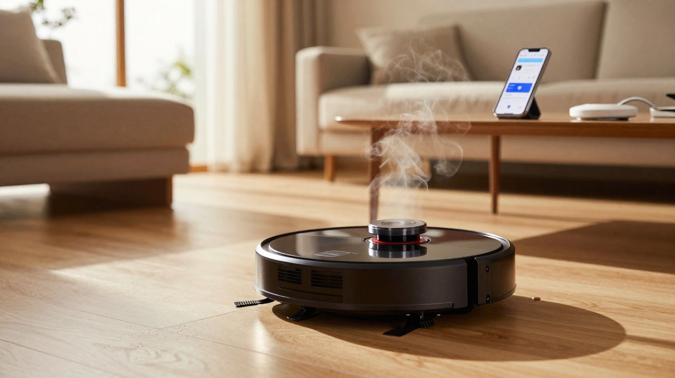Robô aspirador de pó preto em piso de madeira com vapor saindo, em sala de estar iluminada.