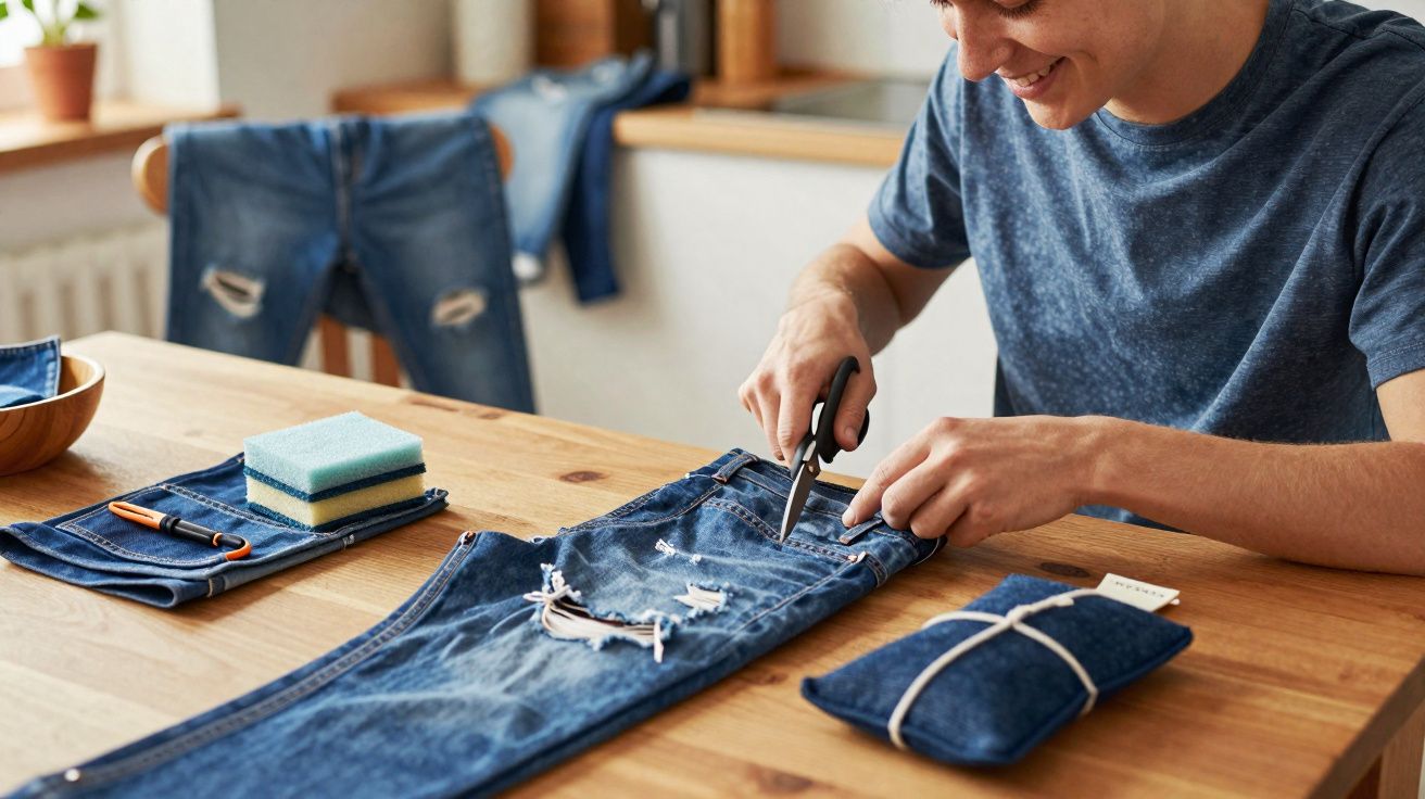 Homem sorridente cortando jeans rasgado com tesoura sobre mesa de madeira em ambiente doméstico.